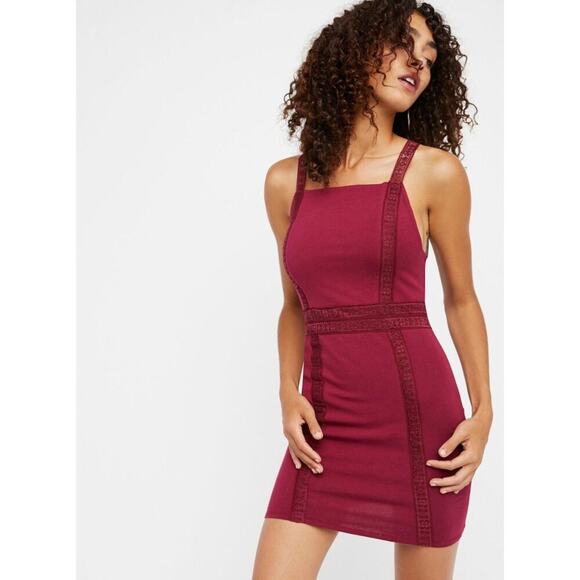 Intimately Free People XS Lace Strap Sheath Dress Wine Maroon Cotton Sleeveless - Picture 1 of 11